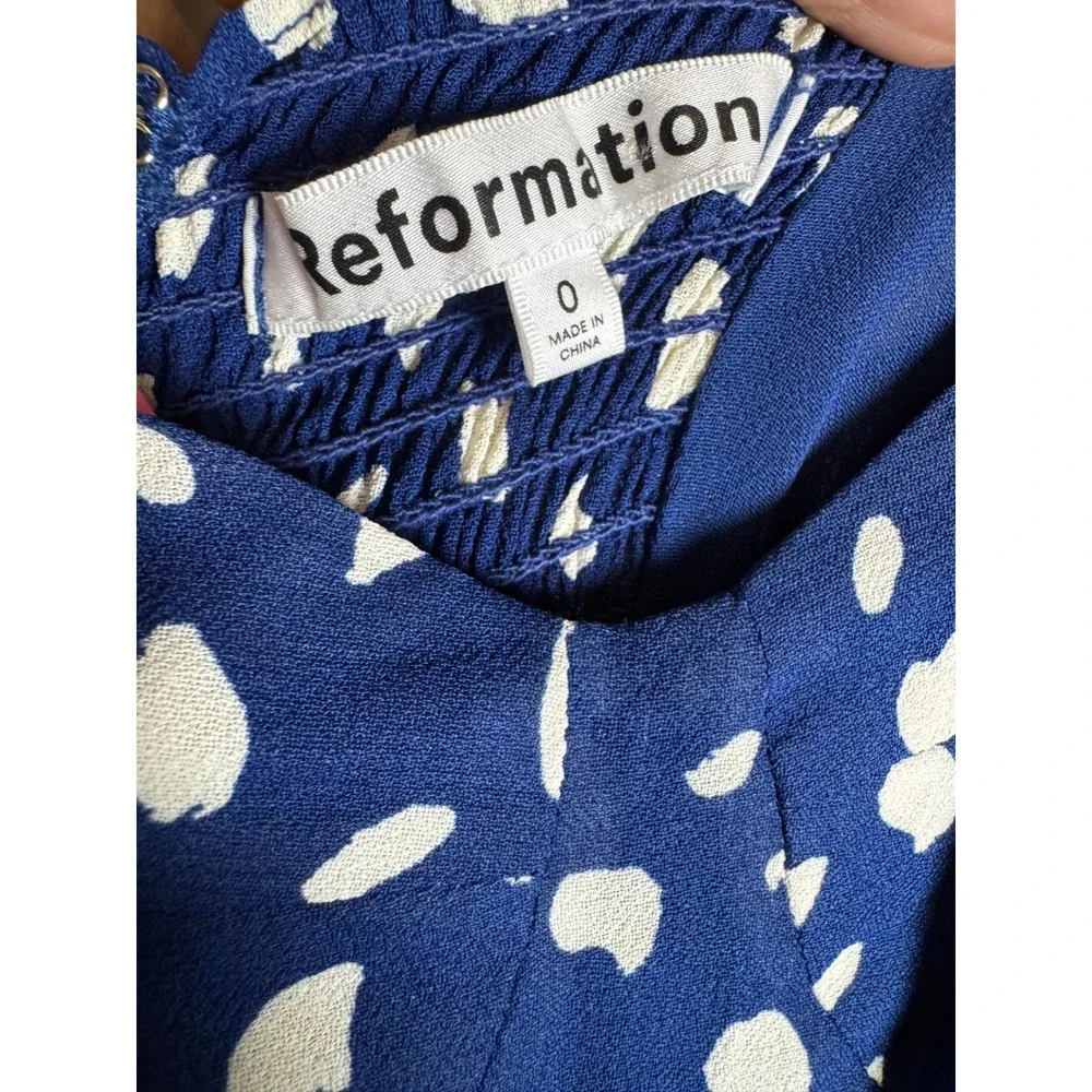 Reformation Juliette Midi Dress Blue White Polka Dot Slit Size 0